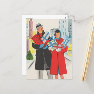 festive retro vintage Christmas shopping Holiday Postcard