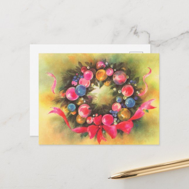 festive retro vintage Christmas wreath Postcard (Front/Back In Situ)