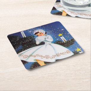 festive retro vintage lady Christmas party  Square Paper Coaster