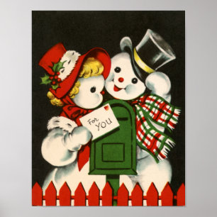 Festive retro vintage snow couple Holiday poster