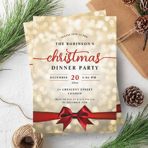 Festive Ribbon Gold Lights Christmas Party Invitation