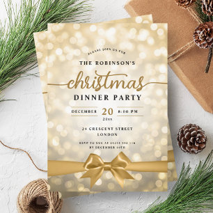 Festive Ribbon Gold Lights Christmas Party Invitation