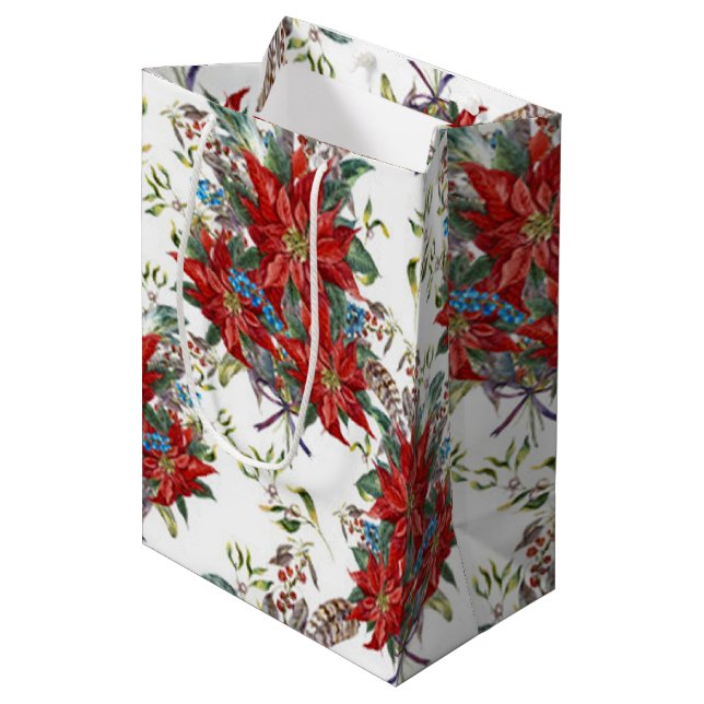 Festive Rich Red Poinsettia flower Gift Bag (Front Angled)