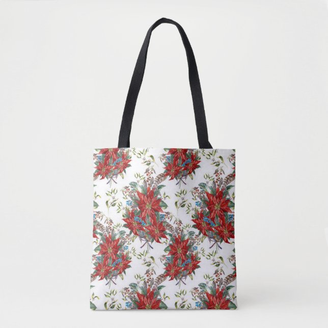 Festive Rich Red Poinsettia flower Tote Bag (Front)