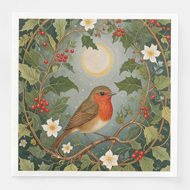 Festive Robin and Holly Napkin (Front)