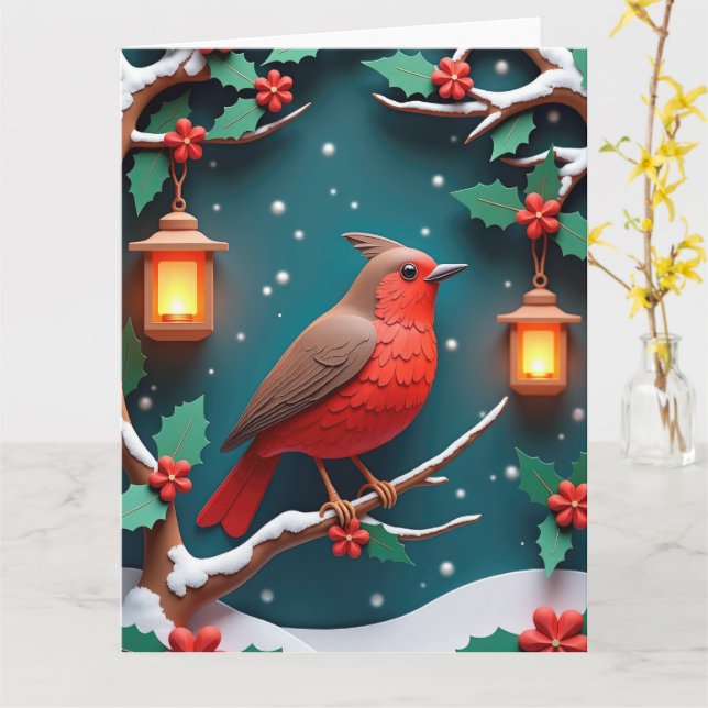 Festive Robin on Holly Branch Christmas Card (Yellow Flower)