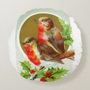 Festive robins and holly round cushion