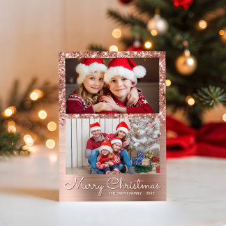 Festive Rose Gold Glam 2 Photo Collage Holiday Card