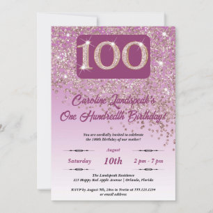 Festive Rose Gold Glitter 100th Birthday Invitation