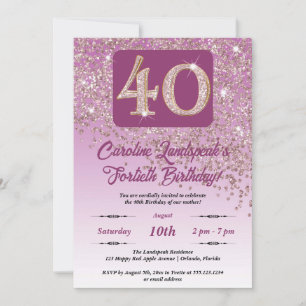 Festive Rose Gold Glitter 40th Birthday Invitation