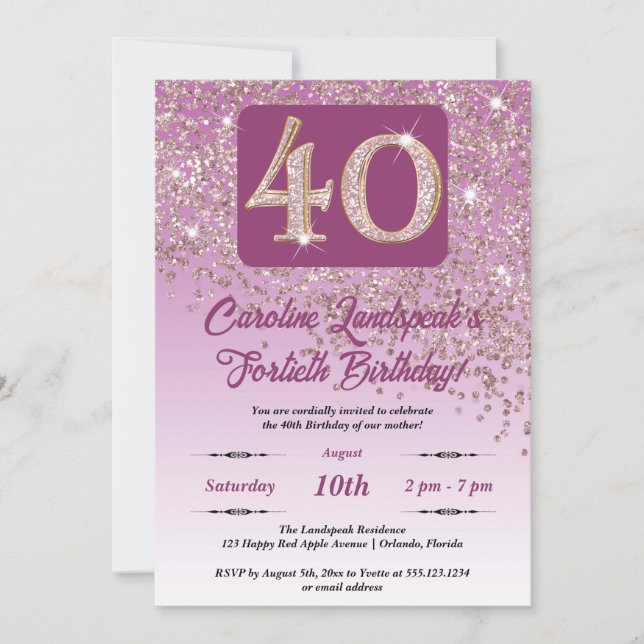 Festive Rose Gold Glitter 40th Birthday Invitation (Front)