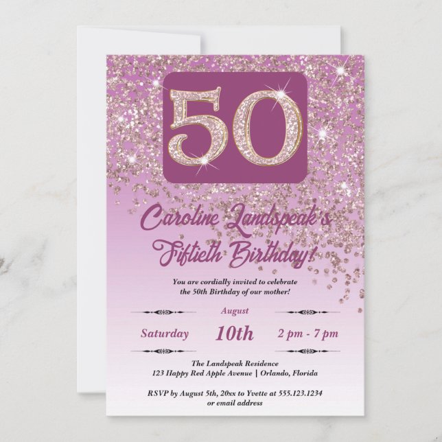 Festive Rose Gold Glitter 50th Birthday Invitation (Front)
