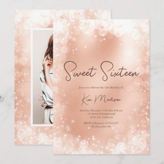 Festive rose gold white snow elegant chic sweet 16 invitation (Front/Back)