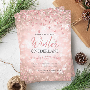 Festive Rose Gold Winter ONEDERLAND 1st Birthday Invitation