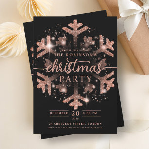 Festive Rose Gold Winter Snowflake Christmas Black Invitation