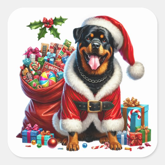 Festive Rottweiler Dressed in Santa Attire Square Sticker (Front)