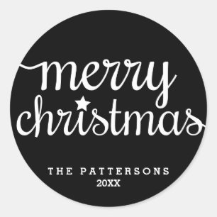 Festive Round Black White Merry Christmas Sticker