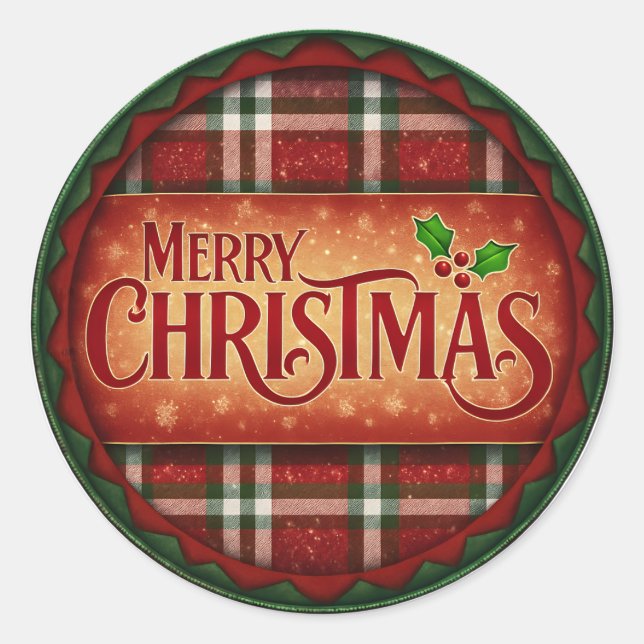 Festive Round "Merry Christmas" Rug with Plaid and Classic Round Sticker (Front)