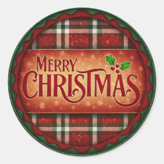 Festive Round "Merry Christmas" Rug with Plaid and Classic Round Sticker