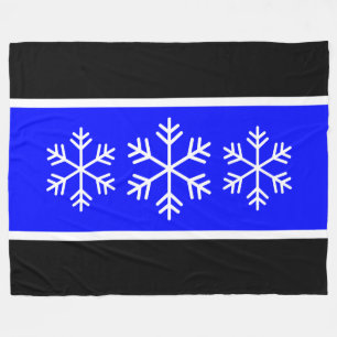 Festive Royal Blue Black Stripes White Snowflakes Fleece Blanket