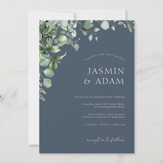 Festive Royal Blue Opulence Eucalyptus Wedding Invitation (Front)