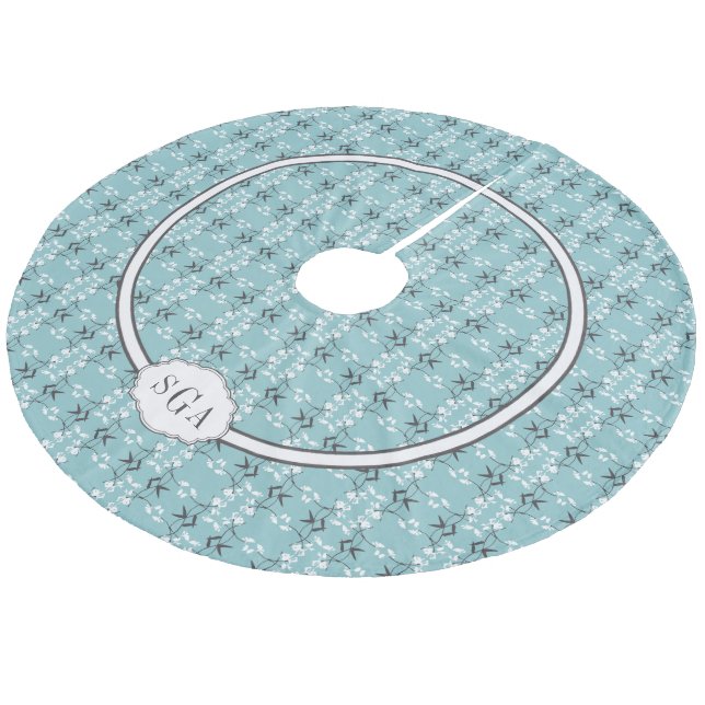 Festive Royal Botanical Robin's Egg Blue Emblem Fleece Tree Skirt (Angled)