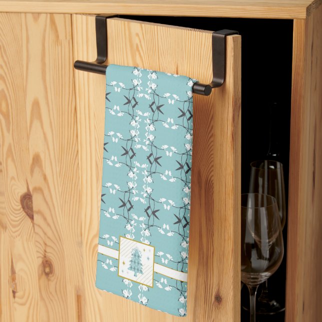 Festive Royal Botanical Robin's Egg Blue Emblem Tea Towel (Thirds Fold)
