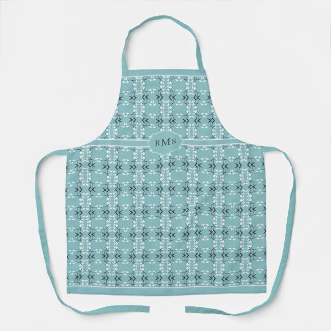 Festive Royal Botanical Robin's Egg Blue Monogram Apron (Front)