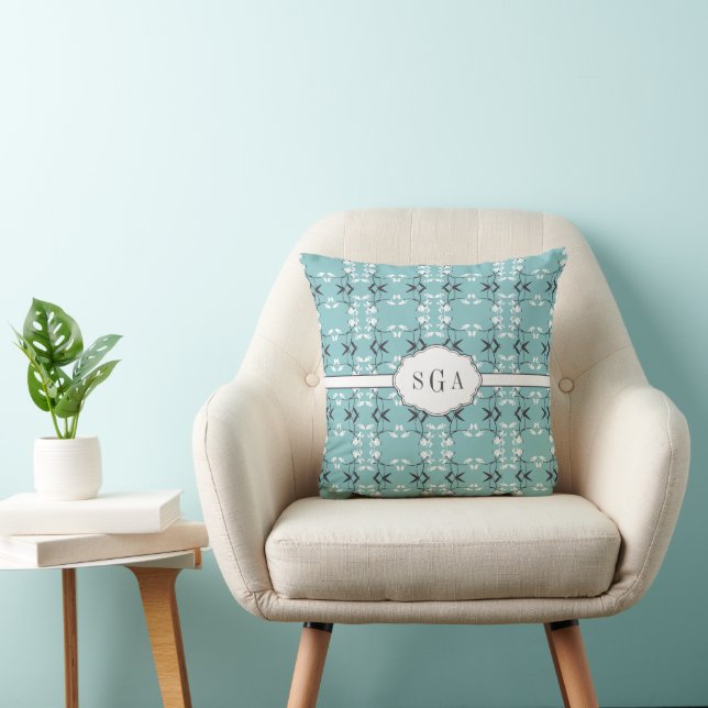 Festive Royal Botanical Robin's Egg Blue Monogram Cushion (Chair)