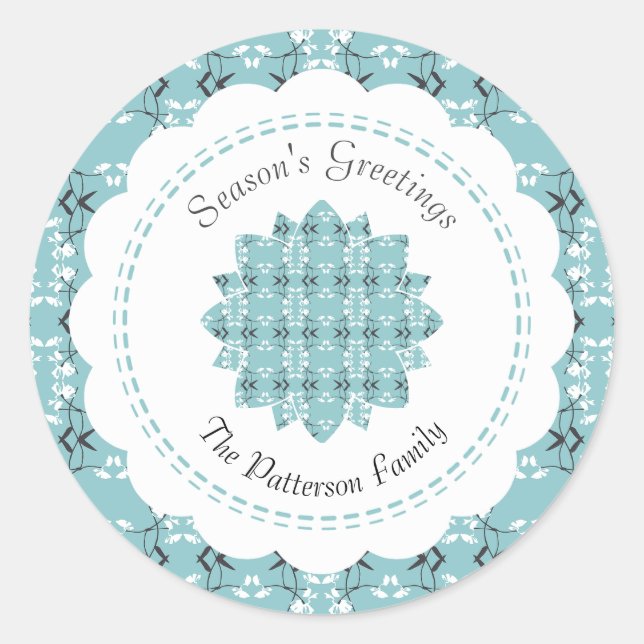 Festive Royal Botanical Robin's Egg Blue Snowflake Classic Round Sticker (Front)