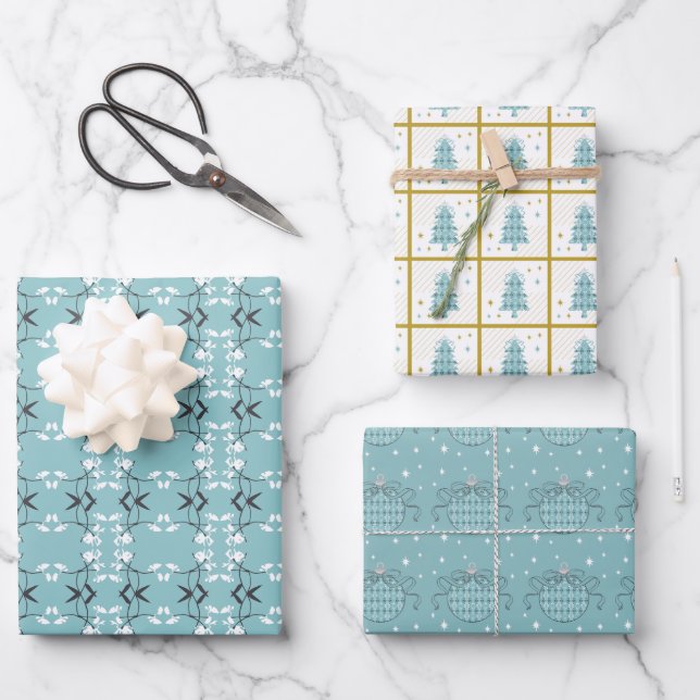 Festive Royal Botanical Robin's Egg Blue Wrapping Paper Sheet (Front)