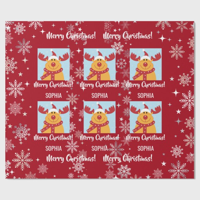 Festive Rudolph Reindeer Snow Personalised Xmas Wrapping Paper (Flat)