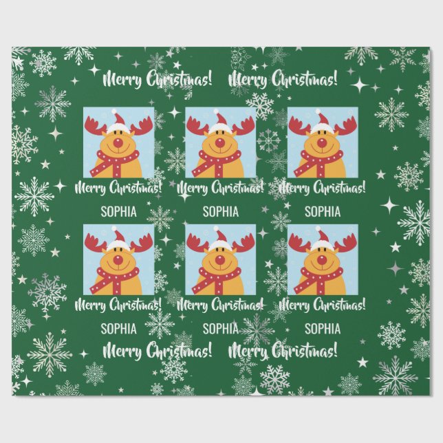 Festive Rudolph Reindeer Snow Personalised Xmas Wrapping Paper (Flat)
