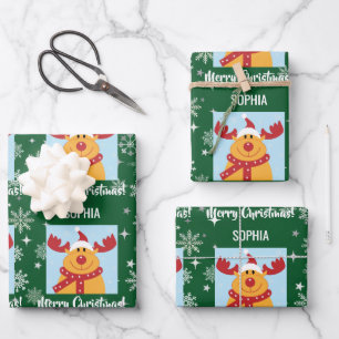 Festive Rudolph Reindeer Snow Personalised Xmas Wrapping Paper Sheet