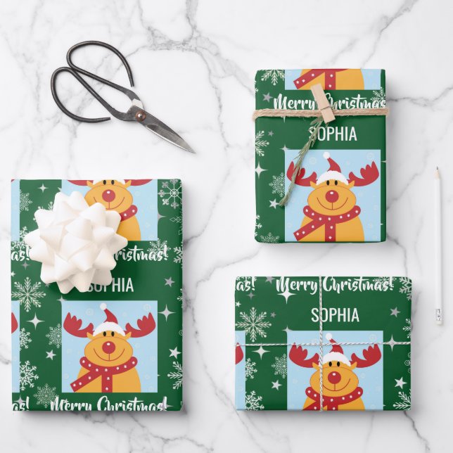 Festive Rudolph Reindeer Snow Personalised Xmas Wrapping Paper Sheet (Front)