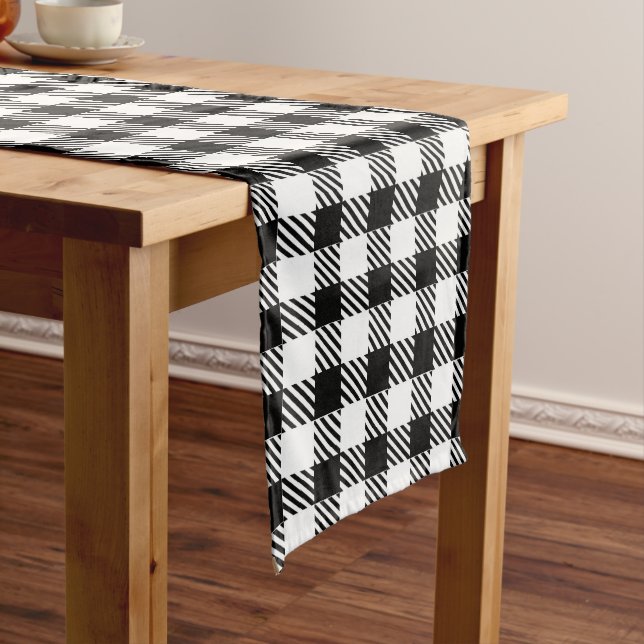 Festive Rustic Black White Gingham Plaid Pattern Medium Table Runner (In Situ)