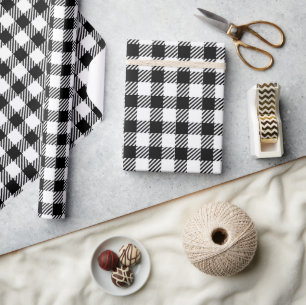 Festive Rustic Black White Gingham Plaid Pattern Wrapping Paper