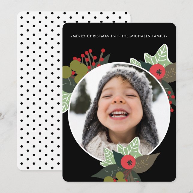 Festive Rustic Botanical Circle Photo Christmas Holiday Card (Front/Back)