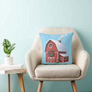 Festive Rustic Farmhouse Snowy Red Barn Christmas Cushion