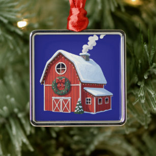 Festive Rustic Farmhouse Snowy Red Barn Christmas Metal Tree Decoration