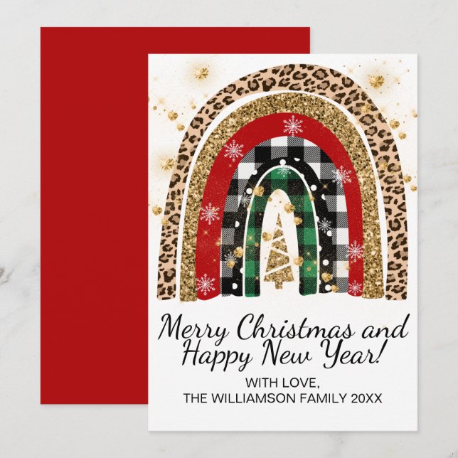 Festive Rustic Plaid Animal Print Rainbow Glitter Holiday Card (Front/Back)