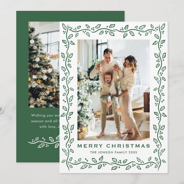 Festive Sage Green Christmas Bow Ribbon 2 Photo Ho Holiday Card (Front/Back)
