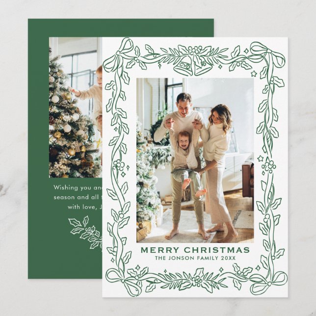 Festive Sage Green Christmas Bow Ribbon 2 Photo Ho Holiday Card (Front/Back)