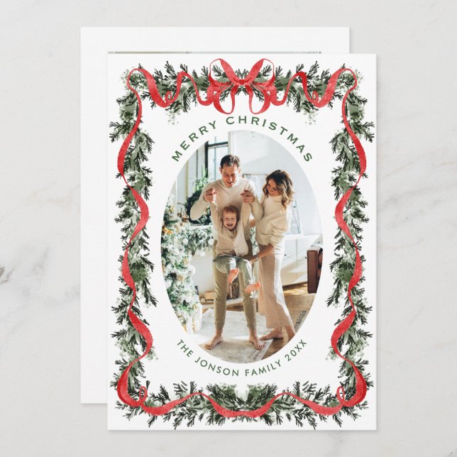 Festive Sage Green Christmas Bow Ribbon 2 Photo Ho Holiday Card (Front/Back)