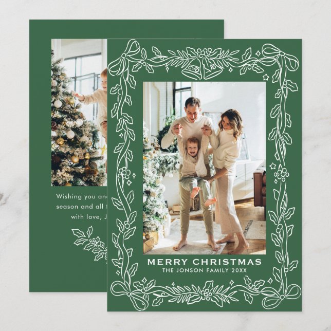 Festive Sage Green Christmas Bow Ribbon 2 Photo Holiday Card (Front/Back)