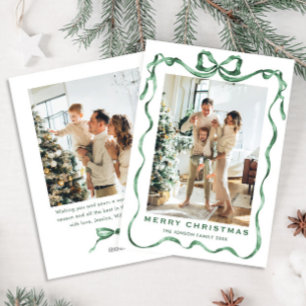 Festive Sage Green Christmas Bow Ribbon 2 Photo Holiday Card