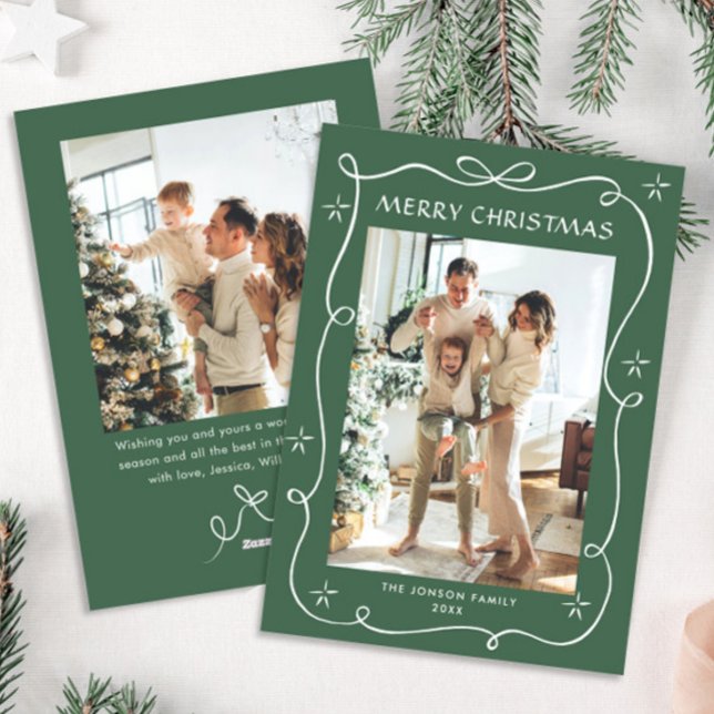 Festive Sage Green Christmas Bow Ribbon 2 Photo Holiday Card (Creator Uploaded)