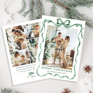 Festive Sage Green Christmas Bow Ribbon 5 Photo Holiday Card