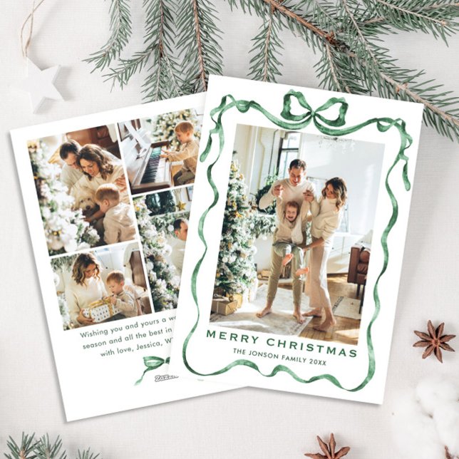 Festive Sage Green Christmas Bow Ribbon 5 Photo Holiday Card (Creator Uploaded)