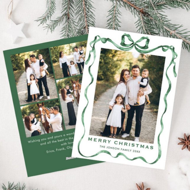 Festive Sage Green Christmas Bow Ribbon 5 Photo Holiday Card (Creator Uploaded)